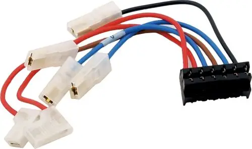 Kabelsatz von Wolf mit mehreren Leitungen, darunter rote, blaue und schwarze, verbunden mit einem schwarzen Anschlussstecker. Ideal für elektrische Anwendungen oder Netzschalter.